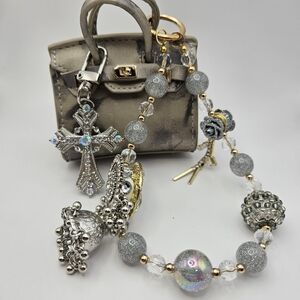 Silver Mini Handbag with Beaded Keychain And Charm. 3 Items Total.